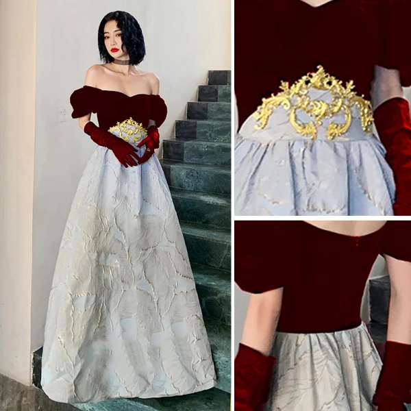 Fashion Burgundy Suede Prom Dresses 2022 A-Line / Princess Off-The-Shoulder Short Sleeve Backless Floor-Length / Long Prom Formal Dresses