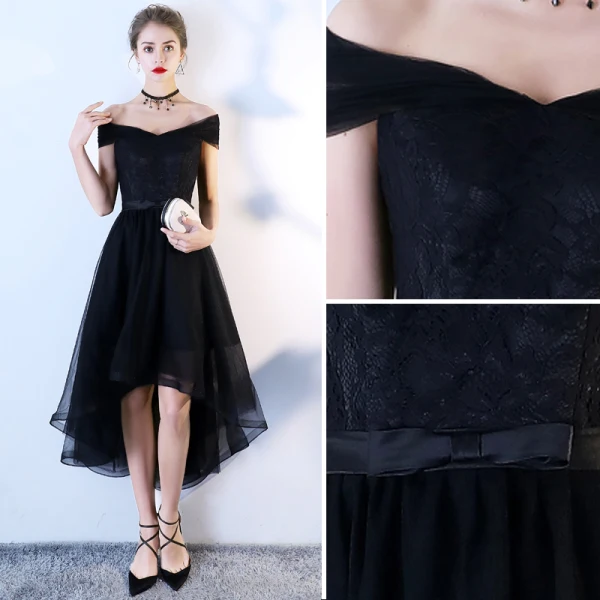 Schöne Schwarz Heimkehr Abiballkleider 2018 A Linie Schleife Off Shoulder Rückenfreies Ärmellos Asymmetrisch Festliche Kleider