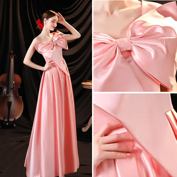 Schön Pink Satin Ballkleider 2021 A Linie One-Shoulder Schleife Ärmellos Rückenfreies Lange Festliche Kleider