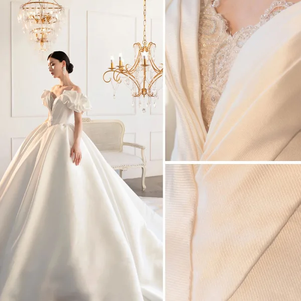 High-end Ivory Satin Wedding Dresses 2019 Ball Gown Off-The-Shoulder Ruffle Beading Lace Flower Short Sleeve Backless Royal Train Wedding