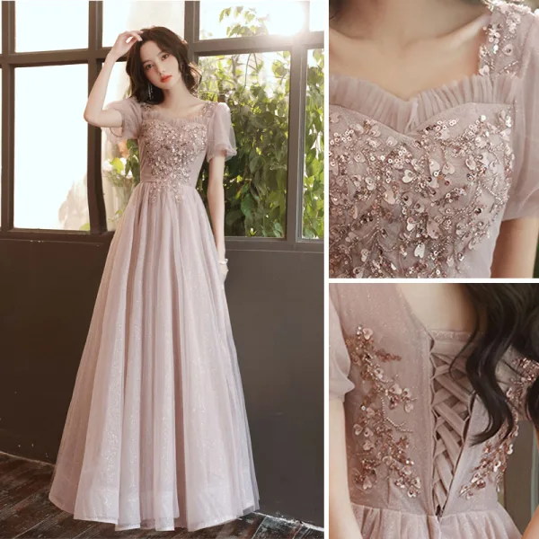 Chic / Belle Rougissant Rose Robe De Bal 2021 Princesse Encolure Carrée Perlage Appliques Paillettes Manches Courtes Dos Nu Longue Robe De Ceremonie