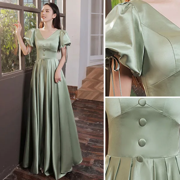 Elegante Salbeigrün Satin Ballkleider 2021 A Linie V-Ausschnitt Geschwollenes Kurze Ärmel Lange Festliche Kleider