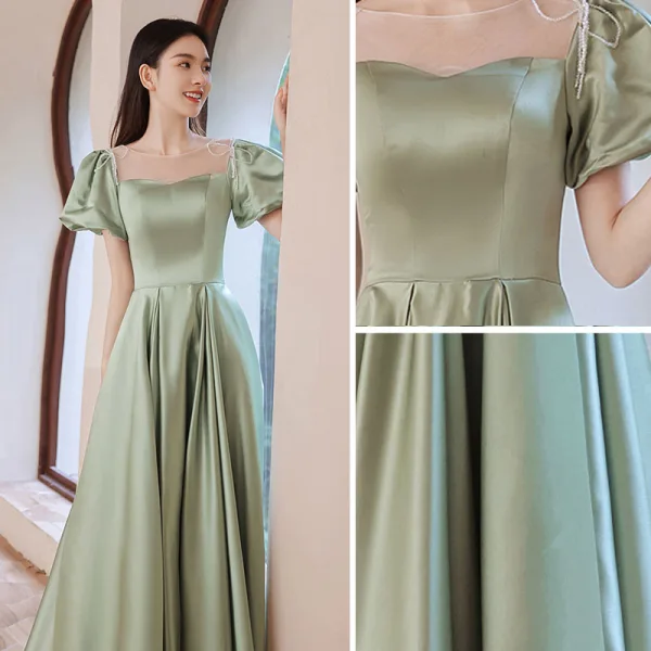 Elegant Sage Green Satin Prom Dresses 2021 A-Line / Princess Scoop Neck Puffy Short Sleeve Floor-Length / Long Formal Dresses