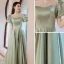 Elegant Sage Green Satin Prom Dresses 2021 A-Line / Princess Scoop Neck Puffy Short Sleeve Floor-Length / Long Formal Dresses