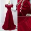 Elegant Burgundy Satin Prom Dresses 2021 A-Line / Princess Scoop Neck Pearl Rhinestone Puffy Short Sleeve Sash Backless Floor-Length / Long Formal Dresses