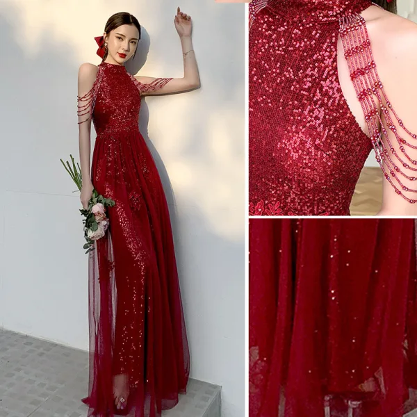 Charming Sparkly Burgundy Sequins Evening Dresses 2021 A-Line / Princess Sleeveless Scoop Neck Floor-Length / Long Prom Formal Dresses