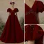 Elegant Burgundy Prom Dresses A-Line / Princess 2021 V-Neck Rhinestone Puffy Short Sleeve Backless Sweep Train Formal Dresses