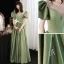 Chic / Beautiful Sage Green Prom Dresses 2021 A-Line / Princess Scoop Neck Beading Backless Puffy Short Sleeve Floor-Length / Long Formal Dresses