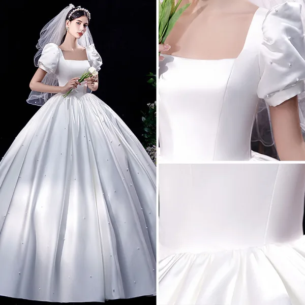 Elegant Ivory Satin Wedding Dresses 2021 Ball Gown Square Neckline Pearl Puffy Short Sleeve Backless Floor-Length / Long Wedding