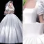 Elegant Ivory Satin Wedding Dresses 2021 Ball Gown Square Neckline Pearl Puffy Short Sleeve Backless Floor-Length / Long Wedding