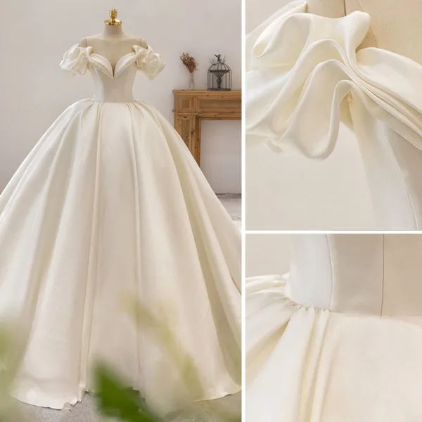 High-end Ivory Satin Wedding Dresses 2021 Ball Gown Off-The-Shoulder Puffy Short Sleeve Royal Train Wedding
