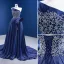 Haut de Gamme Bleu Marine Satin Fendue devant Robe De Bal 2021 Princesse Bustier Perlage Faux Diamant Sans Manches Dos Nu Tribunal Train Robe De Ceremonie