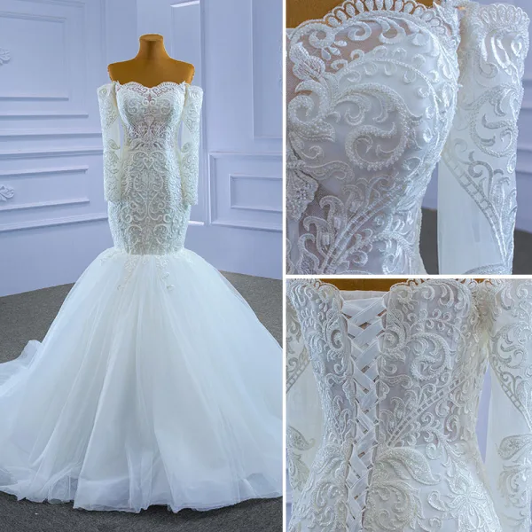 High-end White Wedding Dresses 2021 Trumpet / Mermaid Off-The-Shoulder Lace Flower Long Sleeve Backless Court Train Wedding