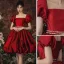 Charming Burgundy Ruffle Rhinestone Evening Dresses Party Dresses 2021 A-Line / Princess Square Neckline Puffy Short Sleeve Backless Knee-Length Cocktail Party Evening Party Formal Dresses