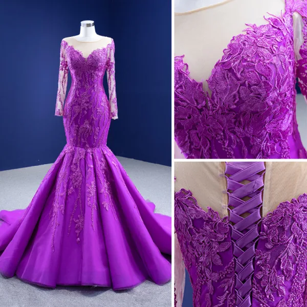 High End Violett Spitze Blumen Ballkleider 2021 Meerjungfrau Rundhalsausschnitt Lange Ärmel Kapelle-Schleppe Festliche Kleider