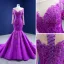 High End Violett Spitze Blumen Ballkleider 2021 Meerjungfrau Rundhalsausschnitt Lange Ärmel Kapelle-Schleppe Festliche Kleider