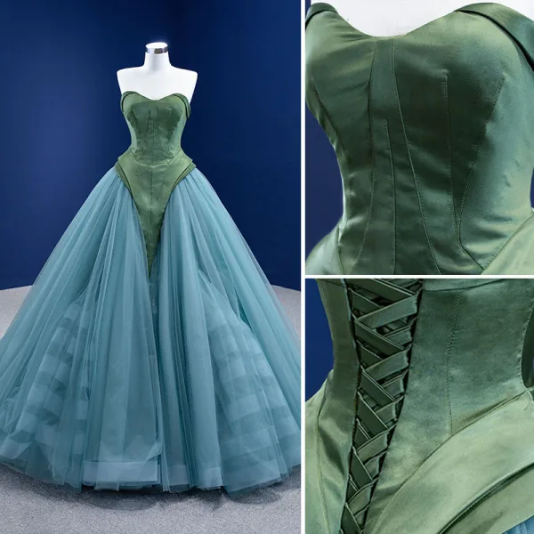 Schöne Dunkelgrün Blau Ballkleid Ballkleider 2021 Bandeau Ärmellos Rückenfreies Sweep / Pinsel Zug Festliche Kleider