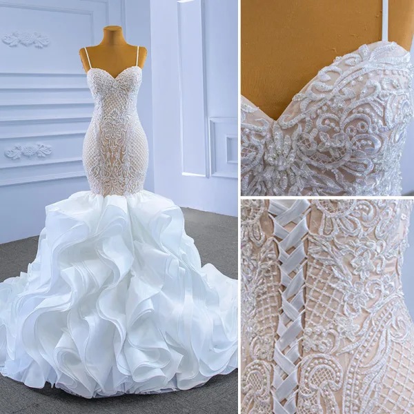Luxe Haut de Gamme Charmant Blanche Volants en Cascade Robe De Mariée 2021 Trompette / Sirène Bretelles Spaghetti Sans Manches Perlage Perle En Dentelle Fleur Dos Nu