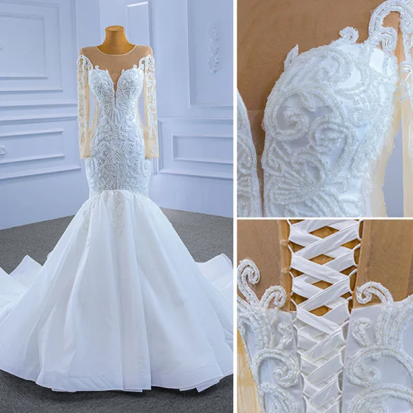 High-end White Beading Sequins Wedding Dresses 2021 Trumpet / Mermaid Scoop Neck Long Sleeve Cathedral Train Wedding