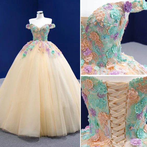 Flower Fairy Chic / Beautiful Champagne Pearl Lace Flower Prom Dresses 2021 Ball Gown Off-The-Shoulder Sleeveless Backless Floor-Length / Long Formal Dresses