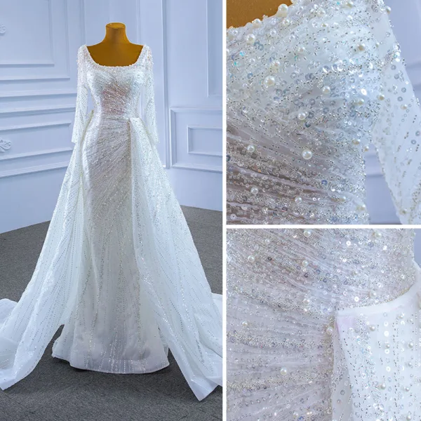 Scintillantes Haut de Gamme Blanche Perlage Perle Paillettes Robe De Mariée 2021 Trompette / Sirène U-Cou Manches Longues Dos Nu Longue Mariage