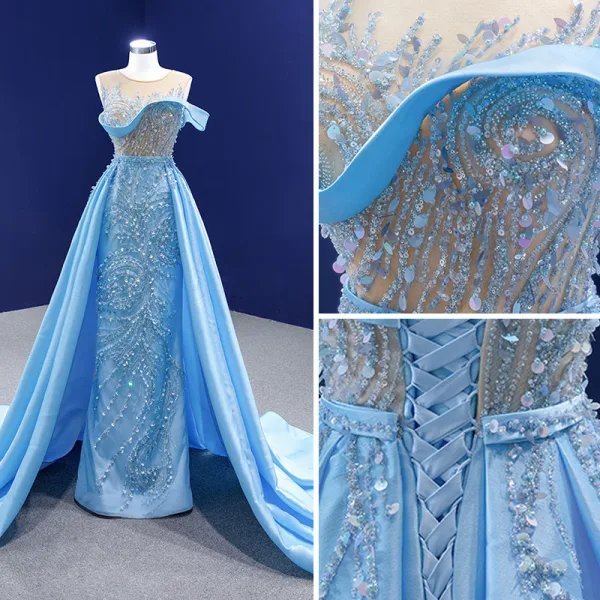 High-end Pool Blue Beading Pearl Sequins Prom Dresses 2021 Trumpet / Mermaid Scoop Neck Sleeveless Backless Chapel Train Formal Dresses