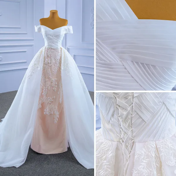 High End Weiß Spitze Blumen Brautkleider / Hochzeitskleider 2021 Meerjungfrau Off Shoulder Kurze Ärmel Rückenfreies Hof-Schleppe Hochzeit
