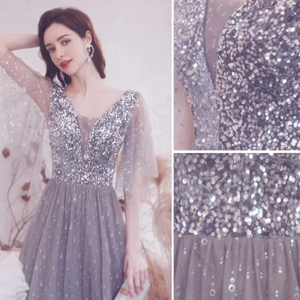 Sparkly Grey Beading Sequins Prom Dresses 2021 A-Line / Princess V-Neck 1/2 Sleeves Backless Floor-Length / Long Formal Dresses