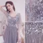 Sparkly Grey Beading Sequins Prom Dresses 2021 A-Line / Princess V-Neck 1/2 Sleeves Backless Floor-Length / Long Formal Dresses