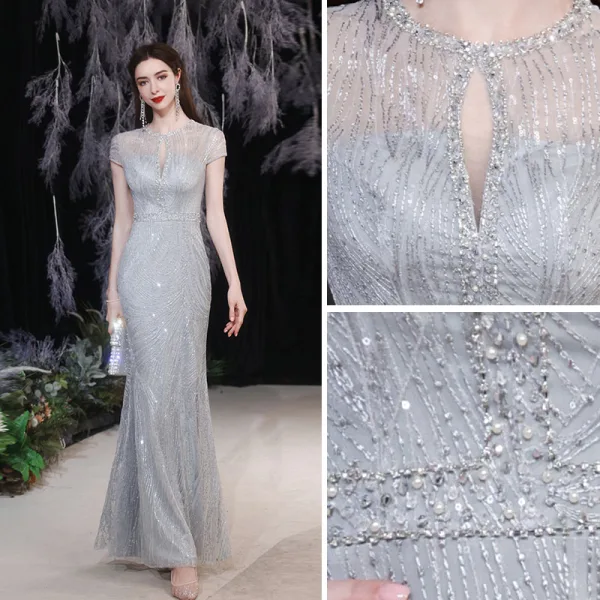 Charming Silver Grey Beading Evening Dresses 2021 Trumpet / Mermaid Scoop Neck Pearl Sequins Short Sleeve Floor-Length / Long Formal Dresses