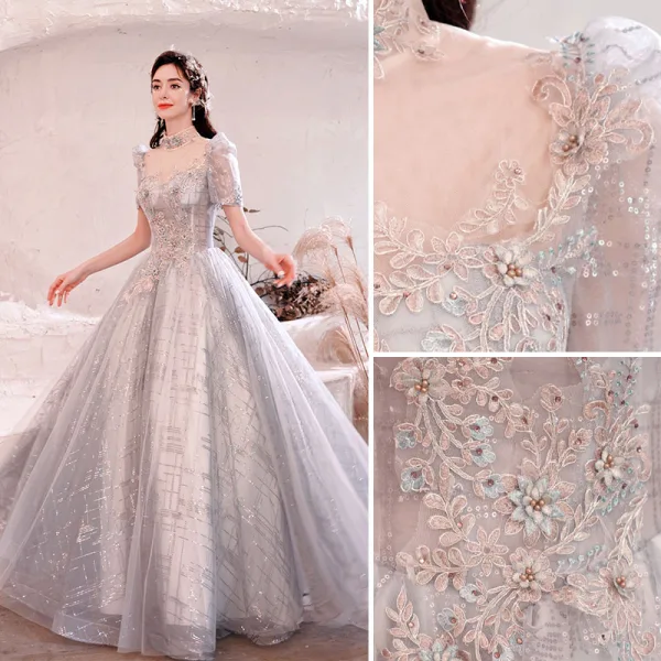 Chic / Belle Argenté En Dentelle Fleur Robe De Bal 2021 Princesse Col Haut Perlage Perle Faux Diamant Paillettes Manches Courtes Dos Nu Longue Robe De Ceremonie