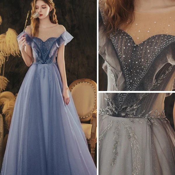 Elegant Ocean Blue Prom Dresses A-Line / Princess 2021 Scoop Neck Rhinestone Sequins Short Sleeve Backless Floor-Length / Long Formal Dresses