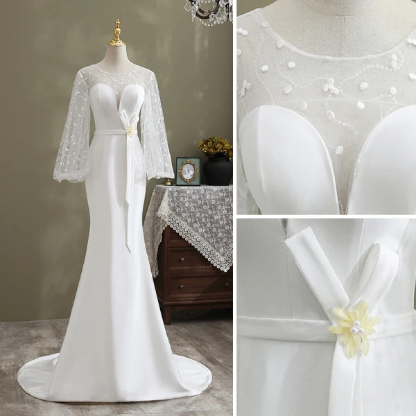 Mode Ivory / Creme Meerjungfrau Brautkleider / Hochzeitskleider 2021 Rundhalsausschnitt Pailletten Schleife Spitze Blumen Lange Ärmel Rückenfreies Sweep / Pinsel Zug Hochzeit