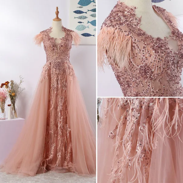Luxury / Gorgeous Pearl Pink Evening Dresses 2020 A-Line / Princess U-Neck Tassel Handmade Beading Rhinestone Lace Flower Sleeveless Sweep Train Formal Dresses