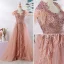 Luxury / Gorgeous Pearl Pink Evening Dresses  2020 A-Line / Princess U-Neck Tassel Handmade  Beading Rhinestone Lace Flower Sleeveless Sweep Train Formal Dresses