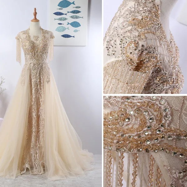 Luxe Élégant Beige Fait main Robe De Soirée 2020 Princesse U-Cou Perlage Gland Cristal Faux Diamant En Dentelle Fleur Sans Manches Dos Nu Train De Balayage Robe De Ceremonie