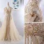 Luxe Élégant Beige Fait main Robe De Soirée 2020 Princesse U-Cou Perlage Gland Cristal Faux Diamant En Dentelle Fleur Sans Manches Dos Nu Train De Balayage Robe De Ceremonie