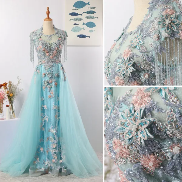Charming Mint Green Evening Dresses 2020 A-Line / Princess U-Neck Handmade Beading Tassel Crystal Rhinestone Lace Flower Sleeveless Floor-Length / Long Formal Dresses