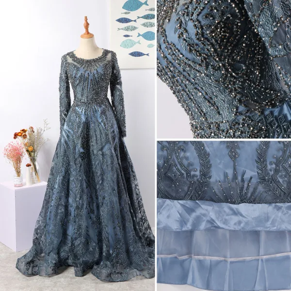 Vintage / Retro Luxury / Gorgeous Navy Blue Handmade  Beading Evening Dresses  2020 A-Line / Princess Scoop Neck Crystal Rhinestone Lace Flower Long Sleeve Backless Sweep Train Formal Dresses