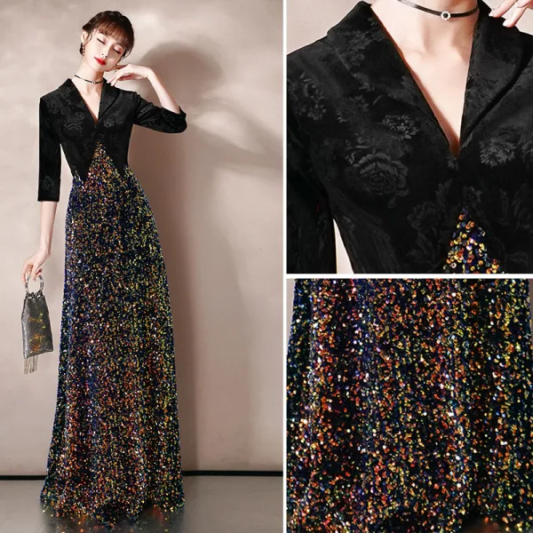 Charmant Noire Robe De Soirée 2020 Princesse Daim Col v profond Multi-Couleurs Paillettes 1/2 Manches Longue Robe De Ceremonie