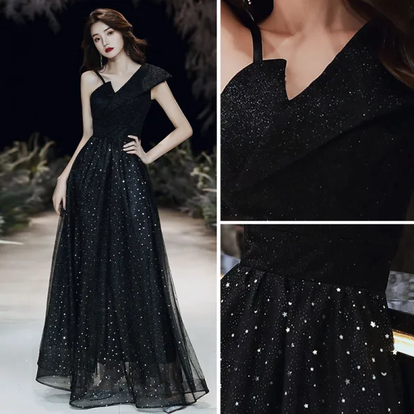 Fashion Black Evening Dresses 2020 A-Line / Princess One-Shoulder Star Sequins Sleeveless Backless Floor-Length / Long Formal Dresses