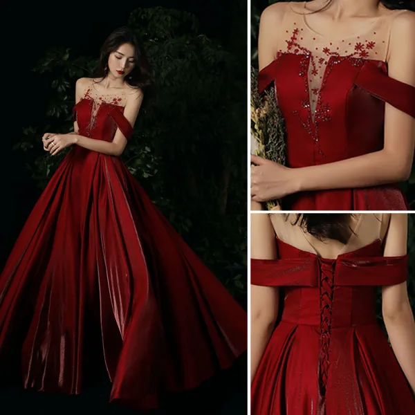 Chic / Belle Bordeaux Robe De Soirée 2020 Princesse Encolure Dégagée Faux Diamant Sans Manches Dos Nu Longue Robe De Ceremonie