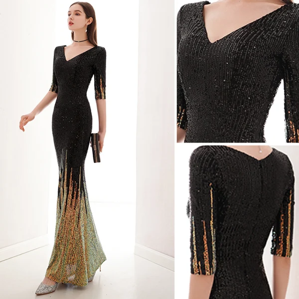 Charming Black Gold Evening Dresses  2020 Trumpet / Mermaid V-Neck Sequins 1/2 Sleeves Floor-Length / Long Formal Dresses