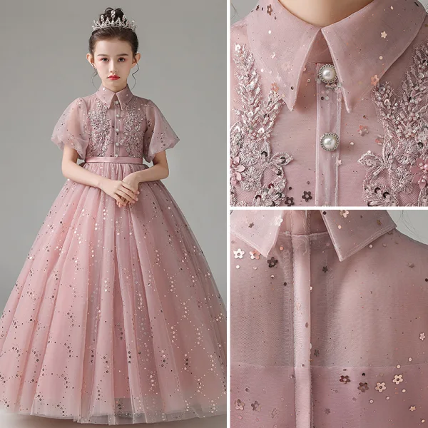 Elegant Blushing Pink Birthday Flower Girl Dresses 2021 A-Line / Princess High Neck Beading Sequins Lace Flower Short Sleeve Sash Floor-Length / Long
