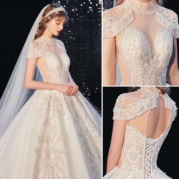Luxury / Gorgeous Champagne Glitter Wedding Dresses 2020 A-Line / Princess Scoop Neck Beading Tassel Rhinestone Lace Flower Short Sleeve Backless Royal Train