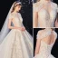 Luxury / Gorgeous Champagne Glitter Wedding Dresses 2020 A-Line / Princess Scoop Neck Beading Tassel Rhinestone Lace Flower Short Sleeve Backless Royal Train