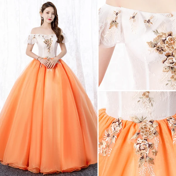 Elegant Orange Prom Dresses 2020 A-Line / Princess Off-The-Shoulder Lace Flower Short Sleeve Backless Floor-Length / Long Formal Dresses