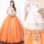 Elegant Orange Prom Dresses 2020 A-Line / Princess Off-The-Shoulder Lace Flower Short Sleeve Backless Floor-Length / Long Formal Dresses