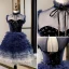 Fashion Navy Blue Homecoming Graduation Dresses 2020 A-Line / Princess Suede Bow High Neck Star Sequins Sleeveless Cascading Ruffles Knee-Length Formal Dresses