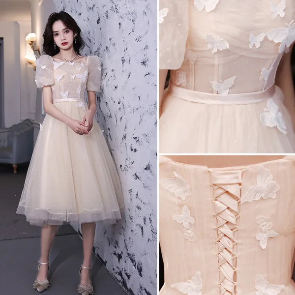 Fashion Champagne Homecoming Lace Butterfly Graduation Dresses 2021 A-Line / Princess Square Neckline Short Sleeve Tea-length Formal Dresses